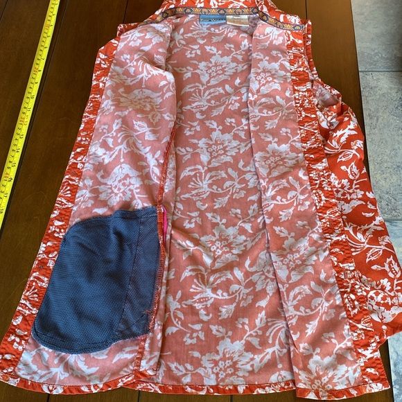 FAR WEST Printed Nylon Sleeveless Button Down Orange/White Grey Buttons Size M - Picture 11 of 11